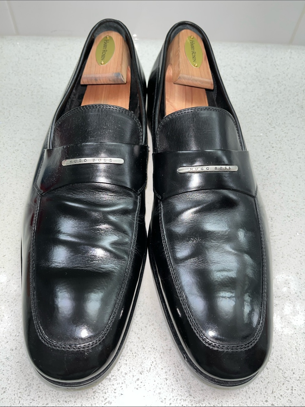 Hugo Boss Black Leather Slip-On Loafers with Metal Nameplate Size 11 US 10 Italy